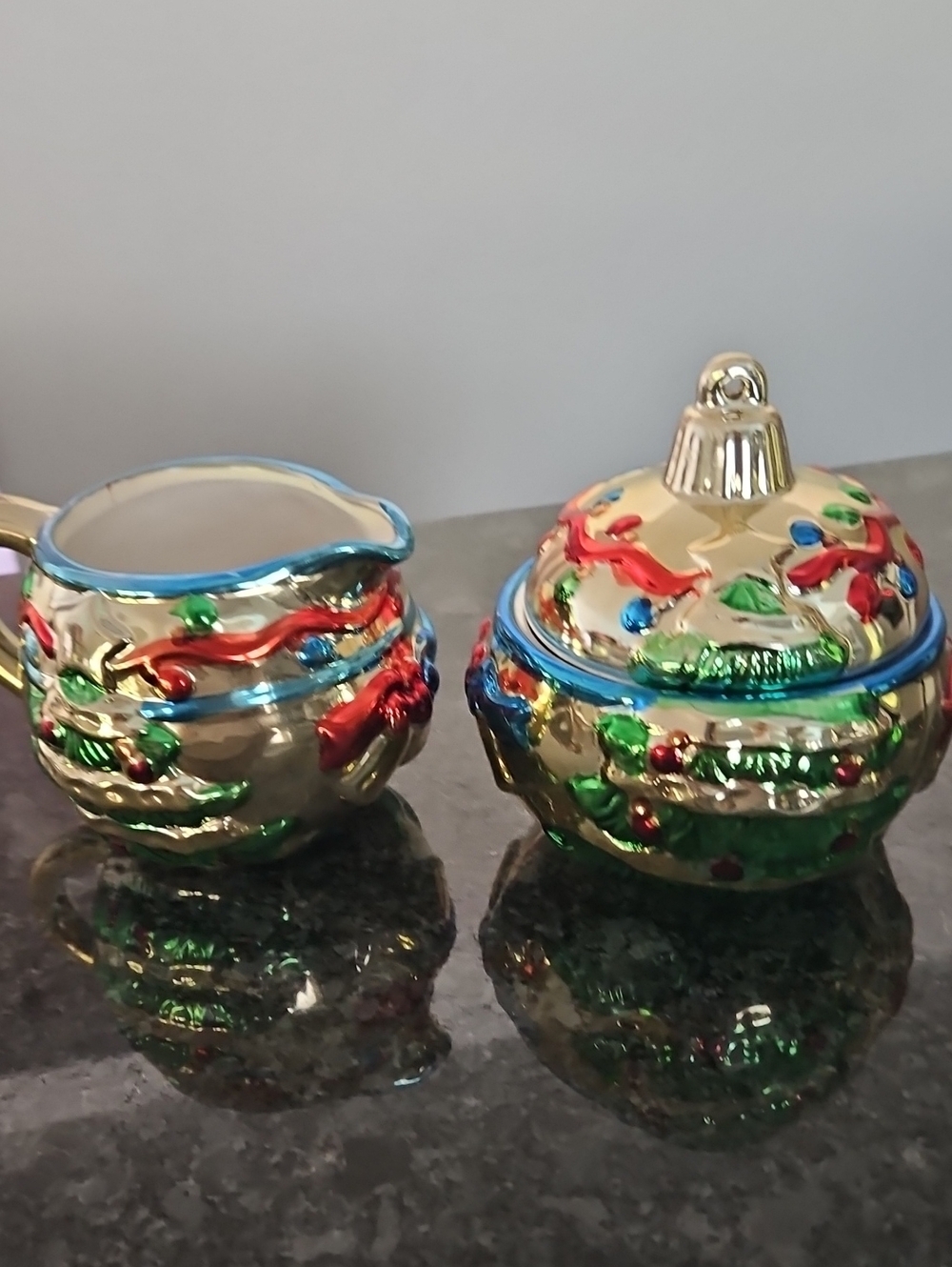 Holiday-Inspired Gold Ceramic Sugar and Creamer Set with Multicolor Accents
